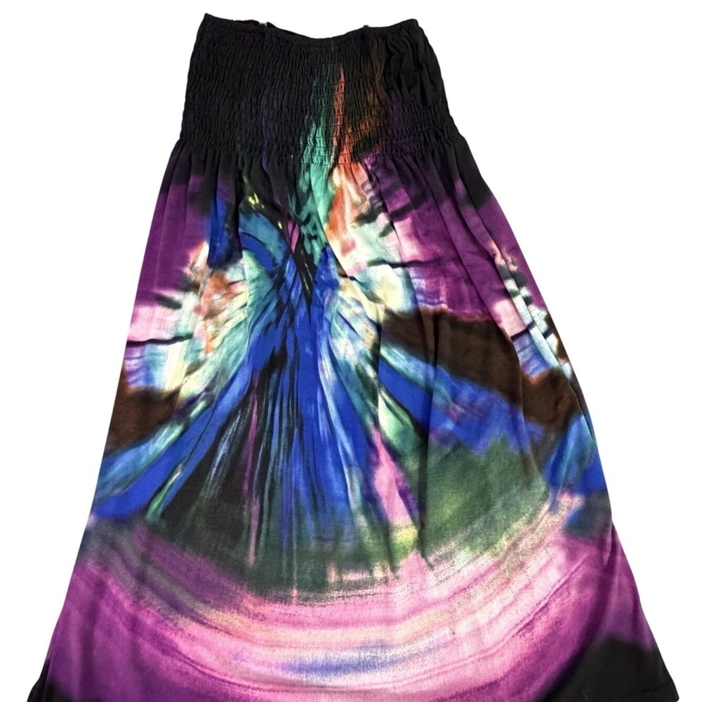 India Boutique Smocked Bodice Midi Dress Tie Dye Rainbow Boho Festival‎ One Size
